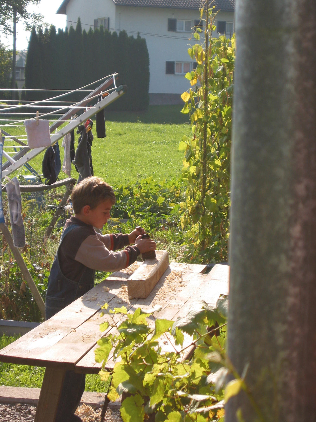 Handarbeit mit einem Handhobel an einem Holzstück in einem Garten
