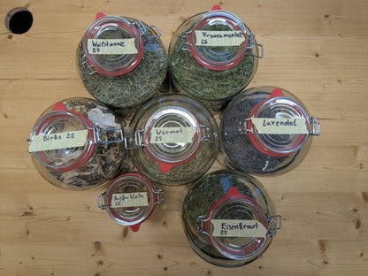 Draufsicht auf mehrere Bügelgläser mit beschrifteten Kräutern wie Lavendel, Wermut und Hopfenblüten auf Holztisch