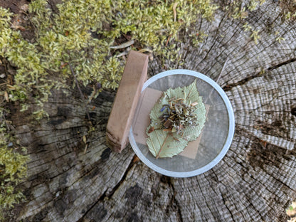 Kräuter räuchern mit Räucherstövchen und Sieb auf einem Baumstumpf in der Natur